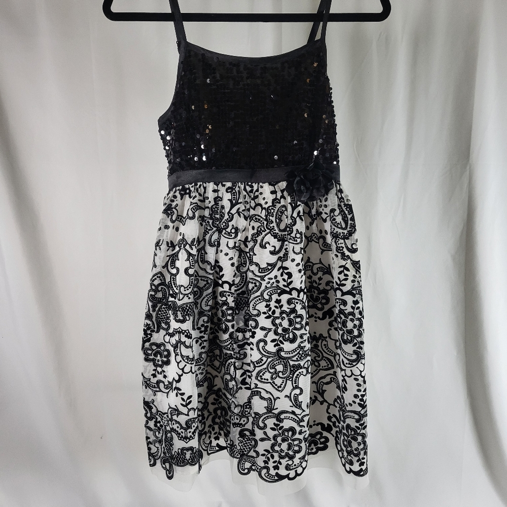 Justice Girls Party Dress Black White Sequin Tulle Sleeveless With Sash Size 14